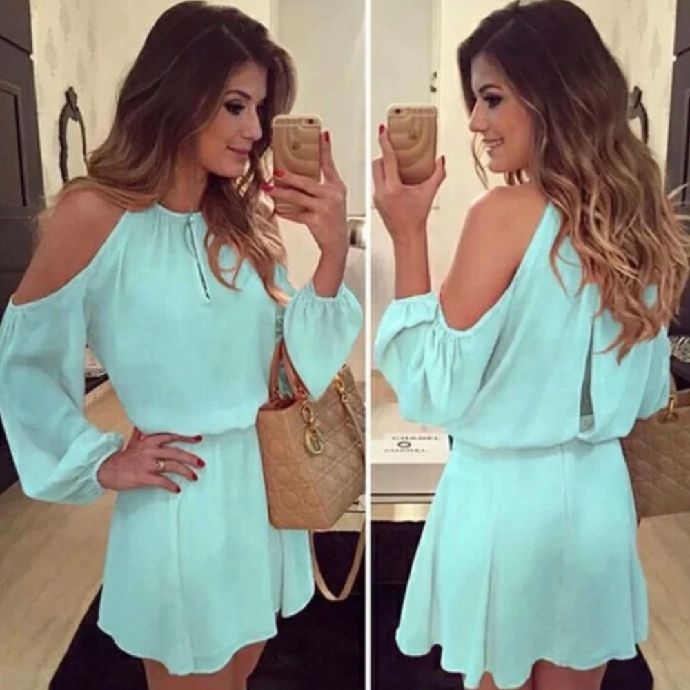 New White Blue/WhiteBoho Cold Shoulder Long Sleeve Keyhole Dress Sz XL